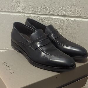 Canali Dark Blue Leather Men's Slip-Ons